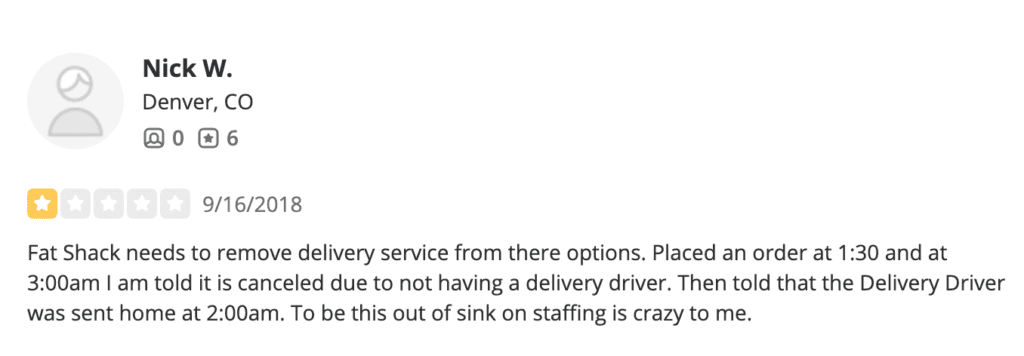 Review of delivery service for Fat Shack.
